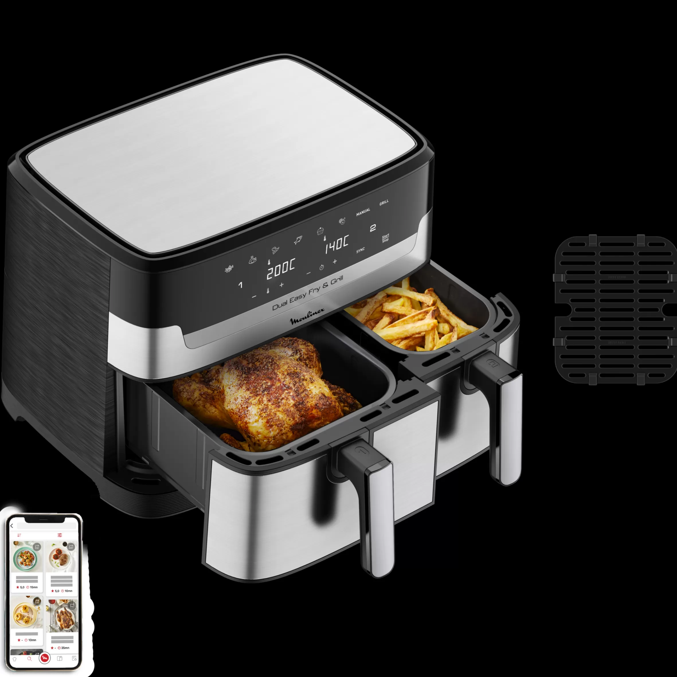 Moulinex Olievrije friteuses<Dual Easy Fry & Grill 8,3L luchtfriteuse in roestvrij staal